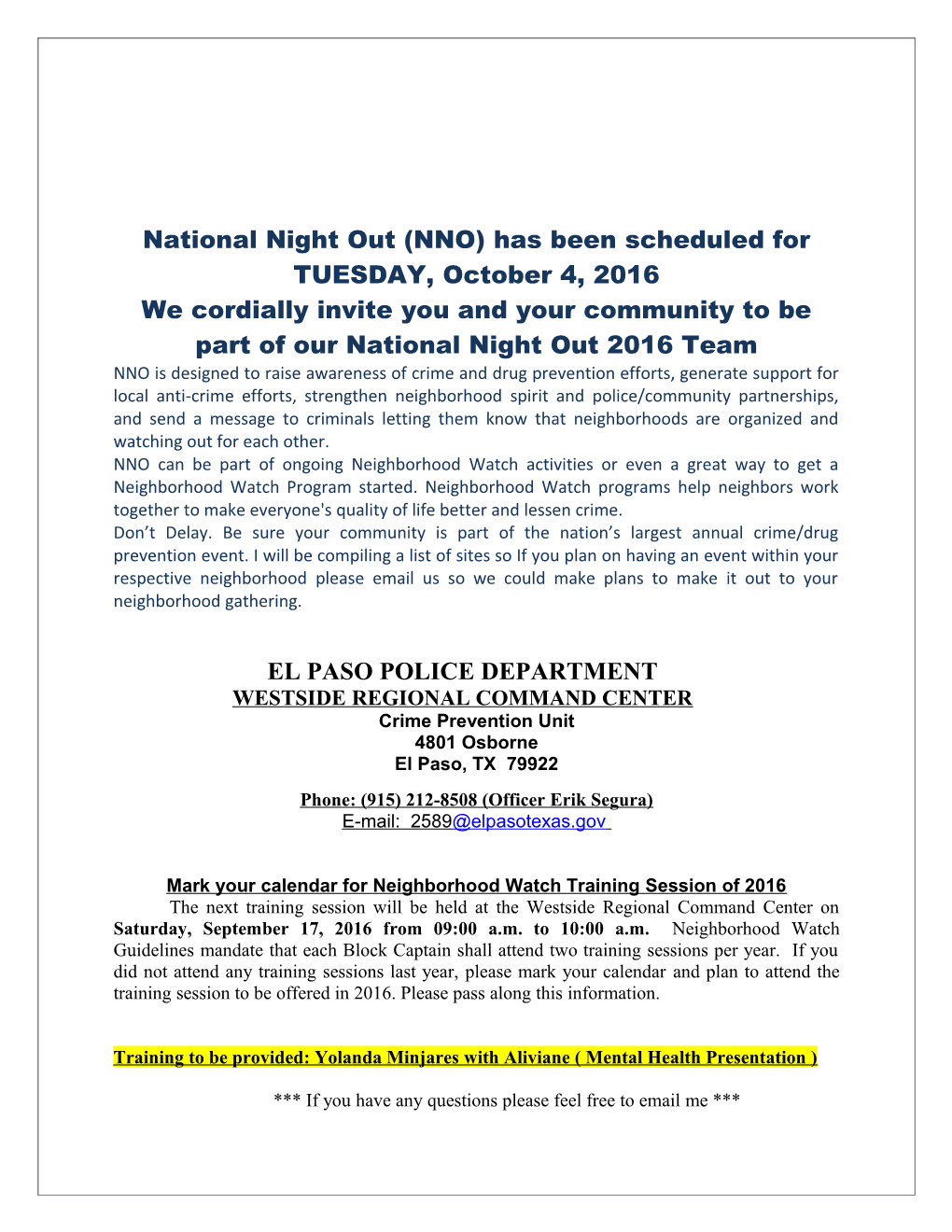 National Night out (NNO) Has Been Scheduled For