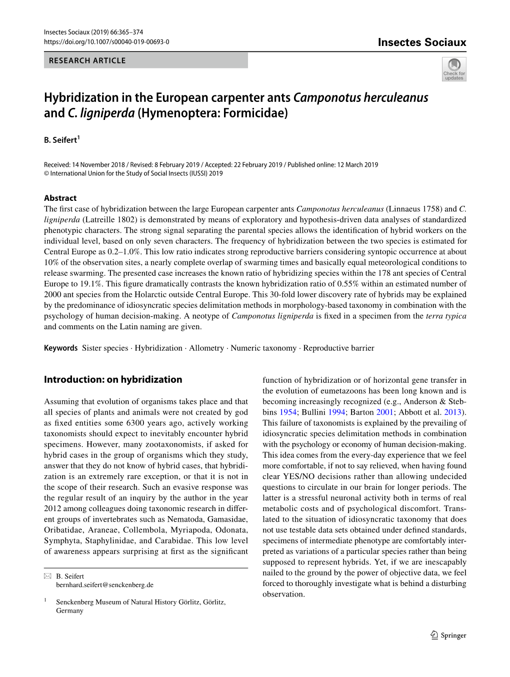 Hybridization in the European Carpenter Ants Camponotus Herculeanus and C