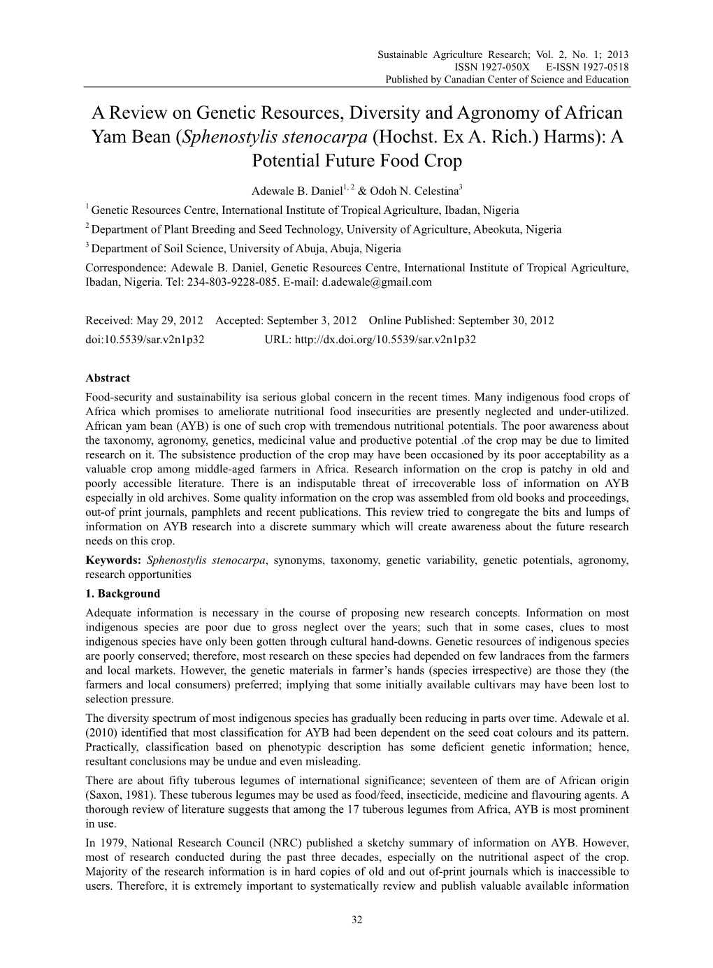 (Sphenostylis Stenocarpa (Hochst. Ex A. Rich.) Harms): a Potential Future Food Crop