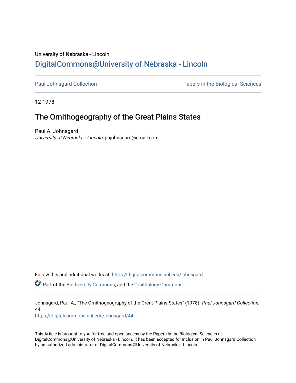 The Ornithogeography of the Great Plains States