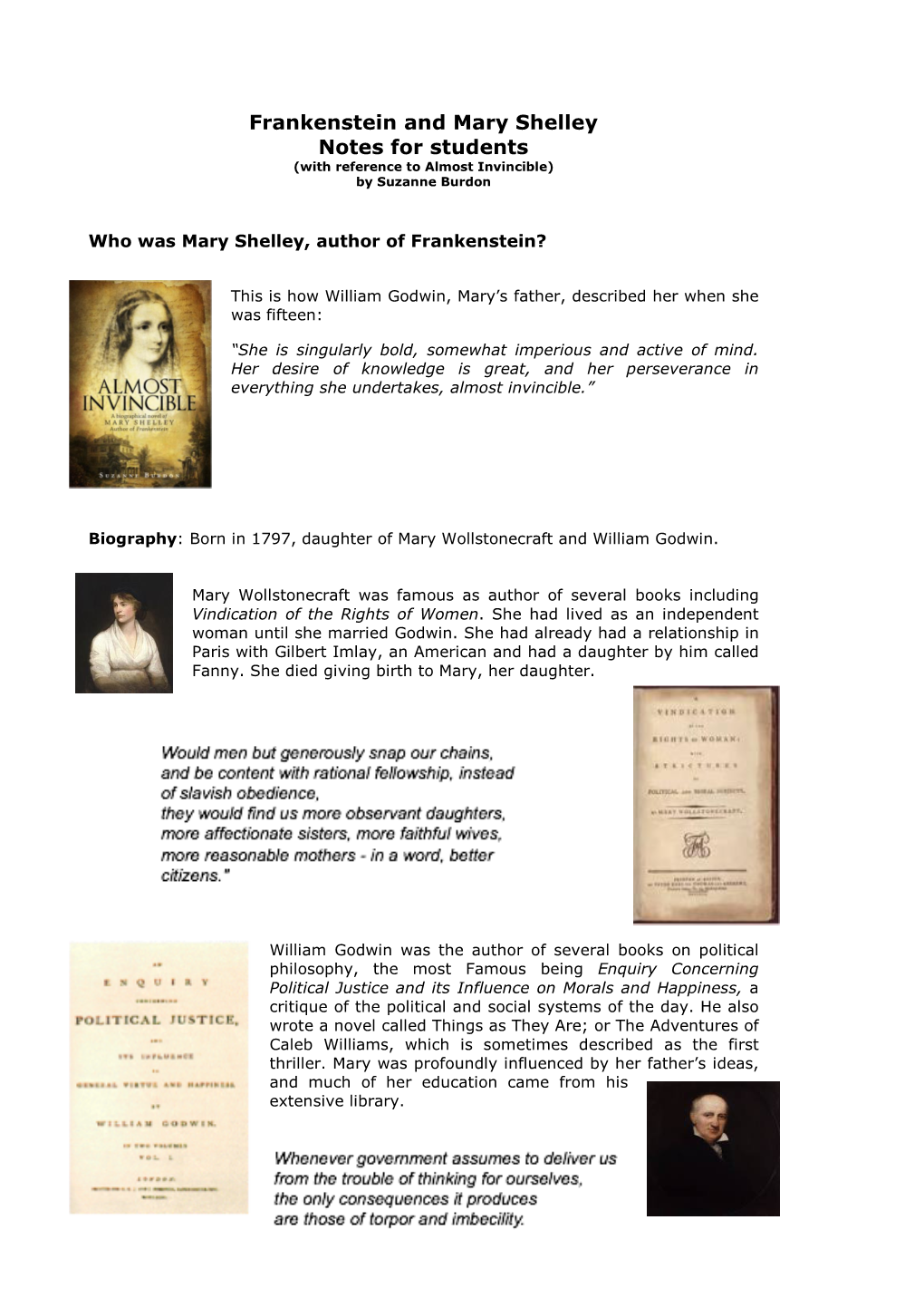 Frankenstein and Mary Shelley Notes for Students (With Reference to Almost Invincible) by Suzanne Burdon