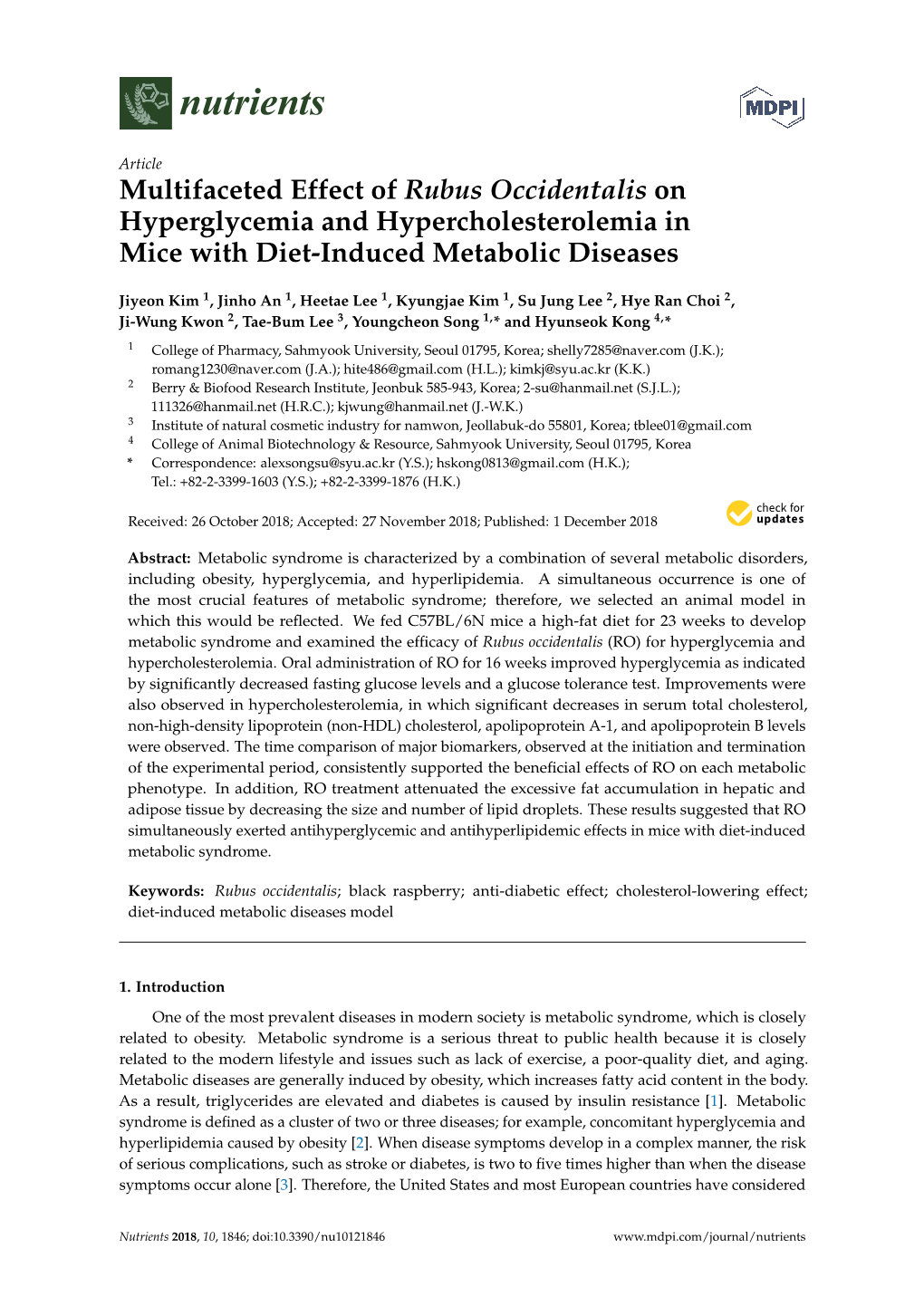 Multifaceted Effect of Rubus Occidentalis on Hyperglycemia and Hypercholesterolemia in Mice with Diet-Induced Metabolic Diseases