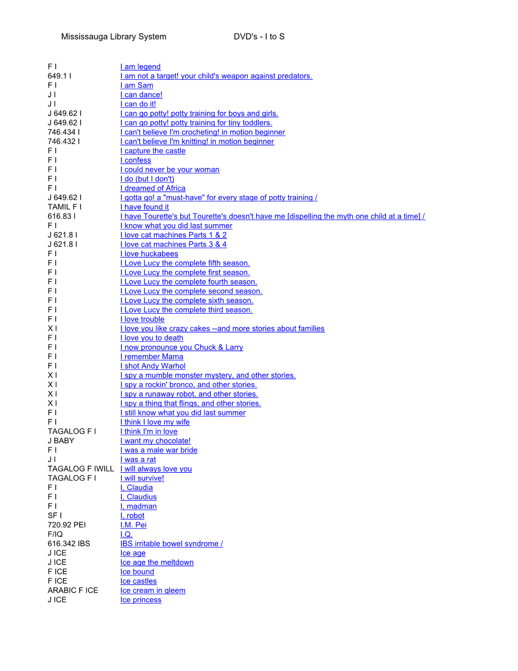 Mississauga Library System DVD's - I to S