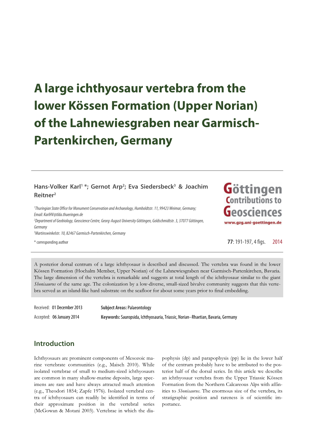 A Large Ichthyosaur Vertebra from the Lower Kössen Formation (Upper Norian) of the Lahnewiesgraben Near Garmisch- Partenkirchen, Germany