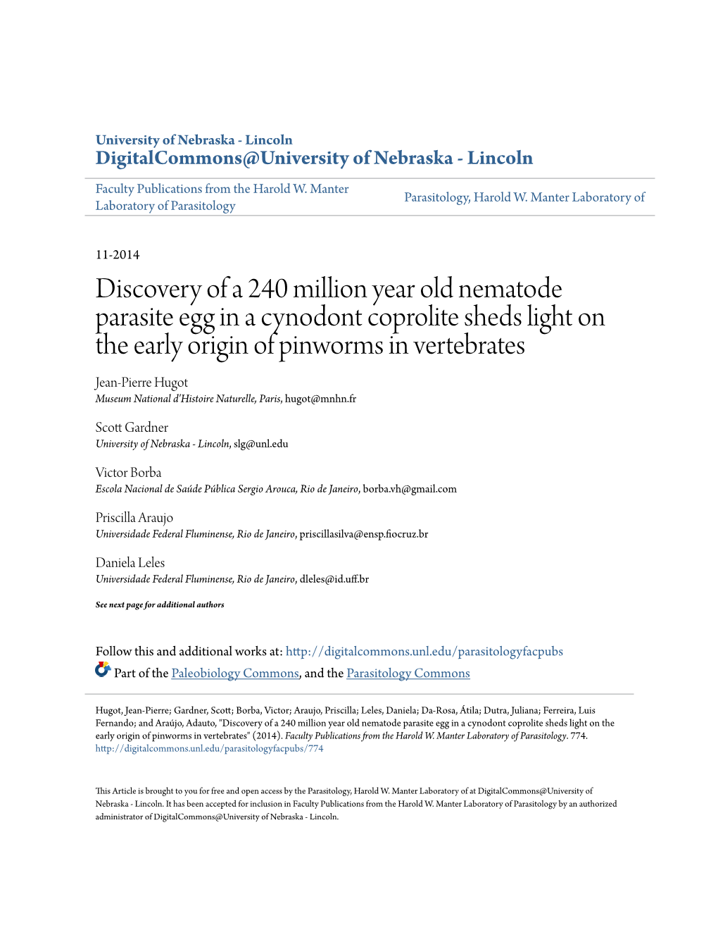 Discovery of a 240 Million Year Old Nematode Parasite Egg in a Cynodont Coprolite Sheds Light on the Early Origin of Pinworms In