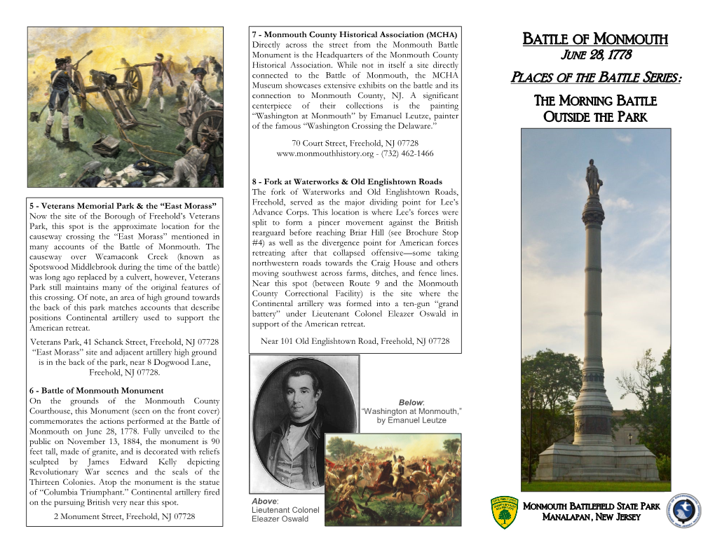 BATTLE of MONMOUTH Monument Is the Headquarters of the Monmouth County JUNE 28, 1778 Historical Association