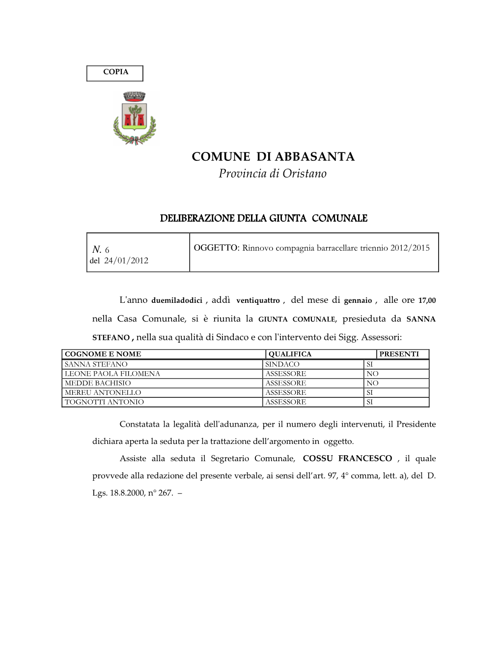 COMUNE DI ABBASANTA Provincia Di Oristano