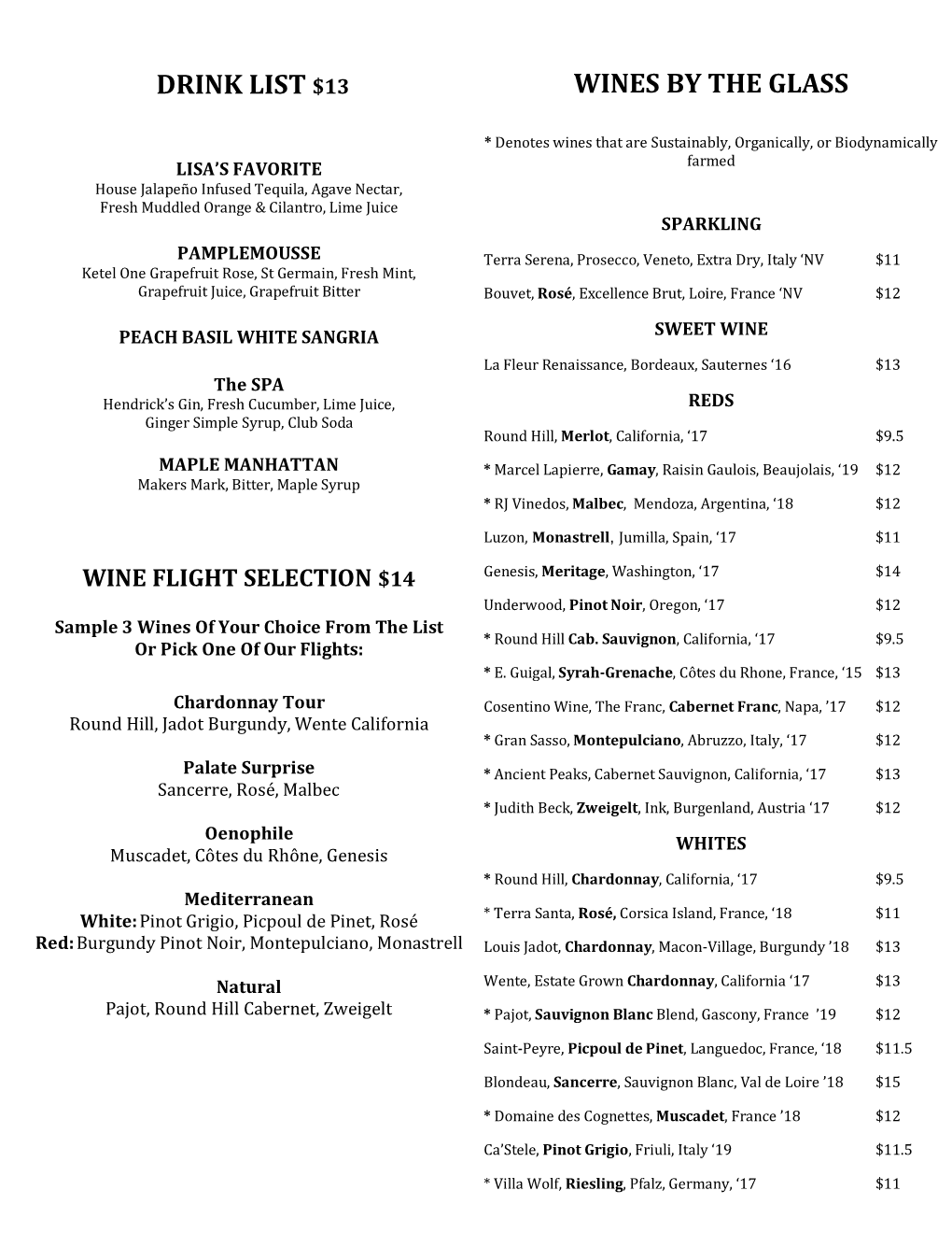 Drink List $13 Wines by the Glass