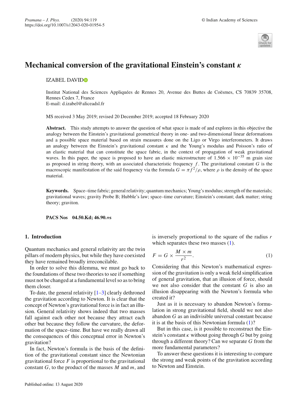 Mechanical Conversion of the Gravitational Einstein's Constant