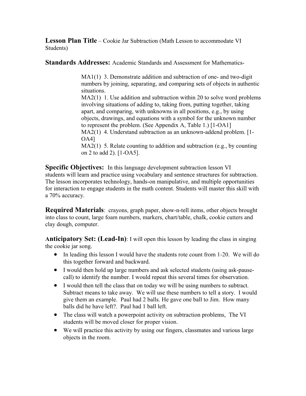 Lesson Plan Title Cookie Jar Subtraction (Math Lesson to Accommodate VI Students)