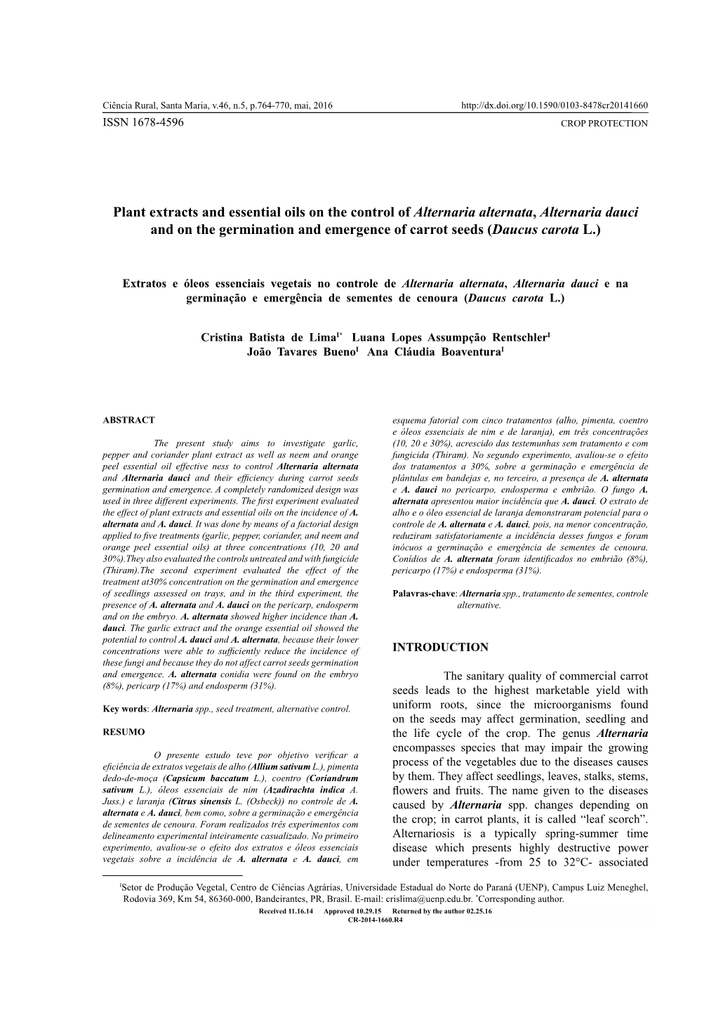 Plant Extracts and Essential Oils on the Control of Alternaria Alternata, Alternaria Dauci and on the Germination and Emergence of Carrot Seeds (Daucus Carota L.)