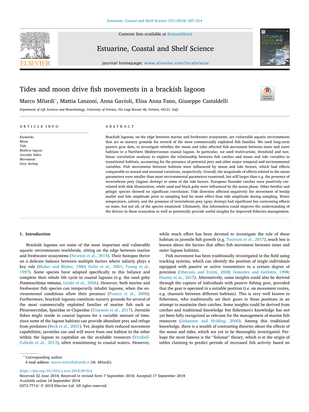 Tides and Moon Drive Fish Movements in a Brackish Lagoon T ∗ Marco Milardi , Mattia Lanzoni, Anna Gavioli, Elisa Anna Fano, Giuseppe Castaldelli