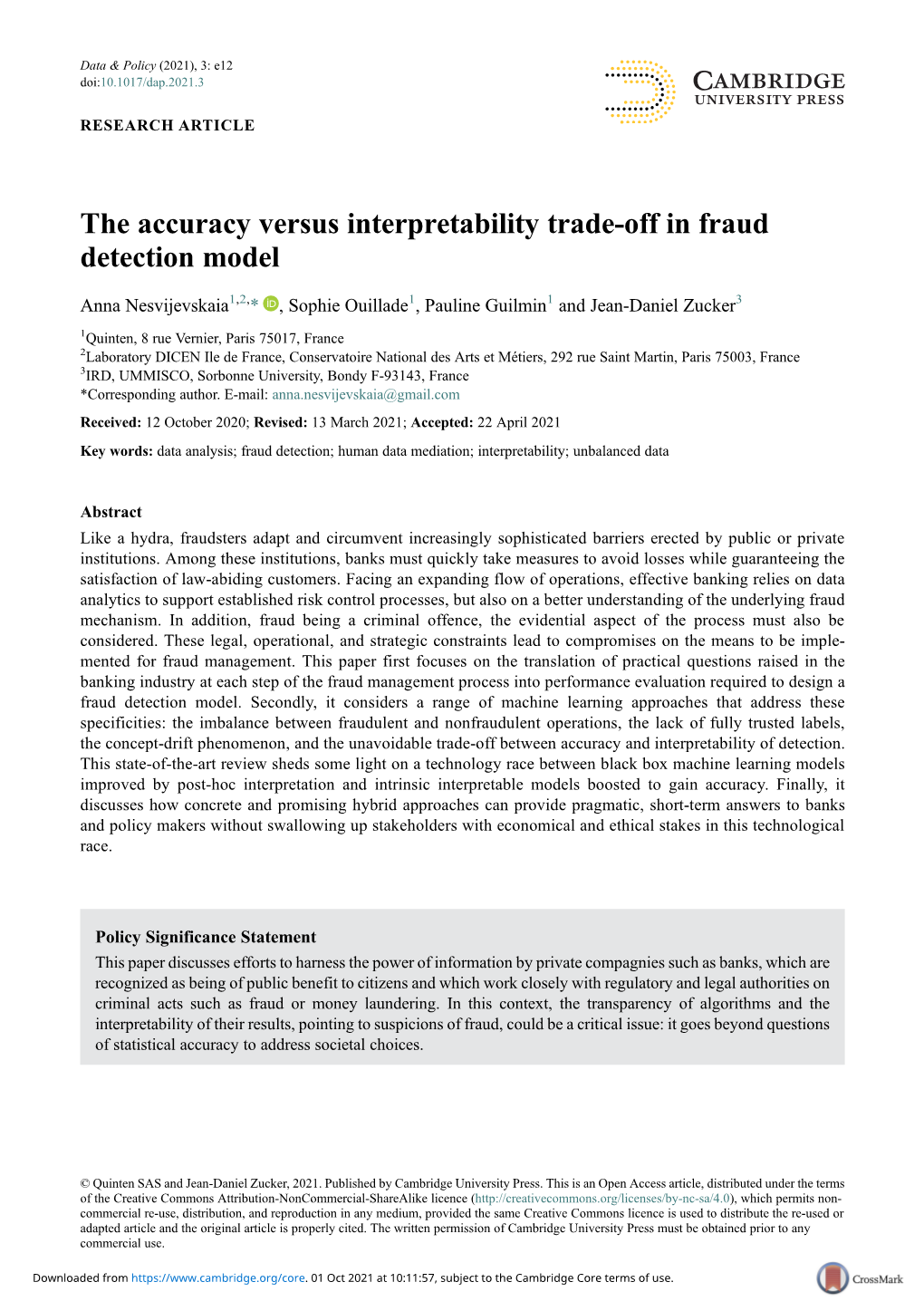The Accuracy Versus Interpretability Trade-Off in Fraud Detection Model