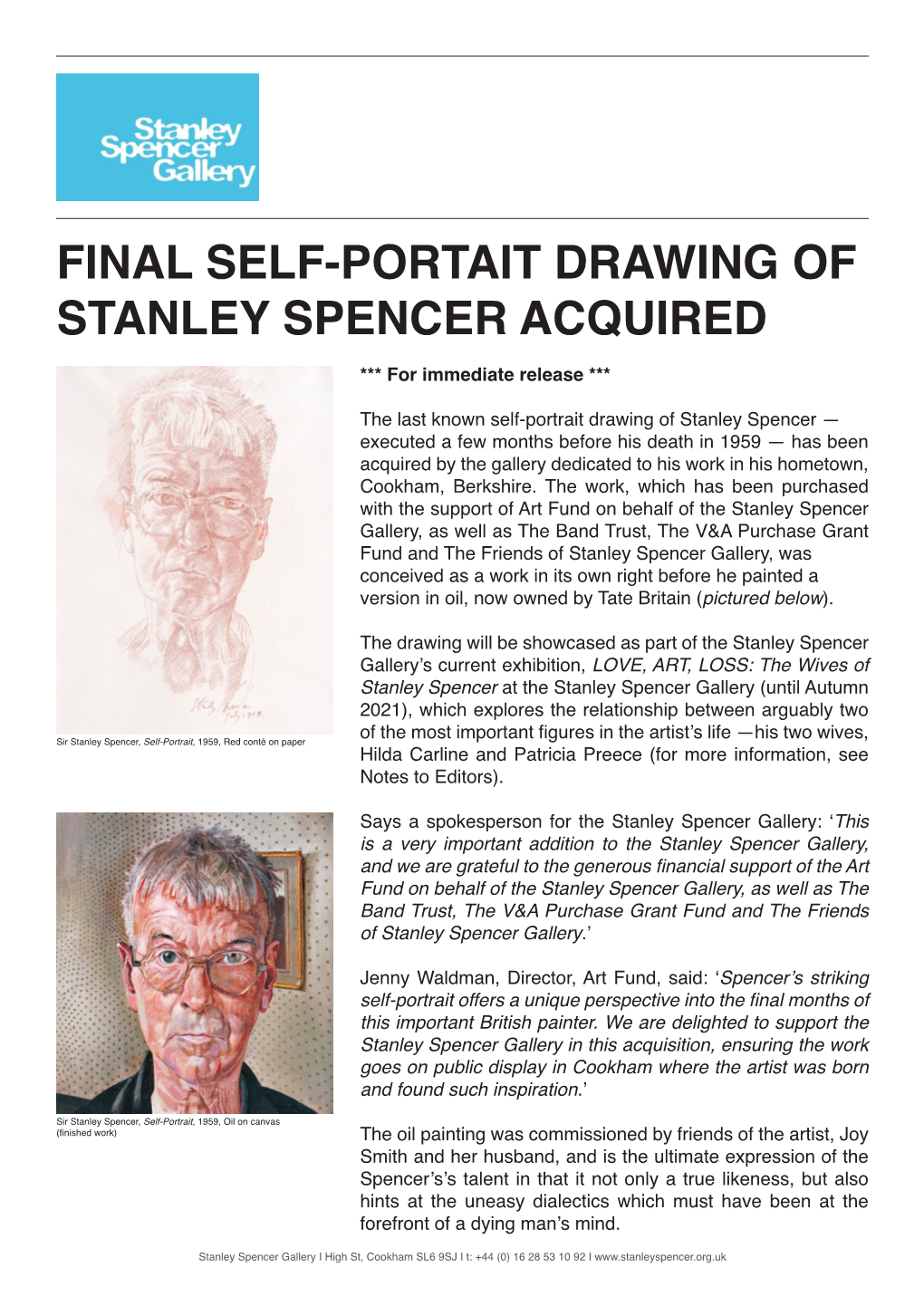 FINAL SELF-PORTAIT DRAWING of STANLEY SPENCER ACQUIRED *** for Immediate Release ***