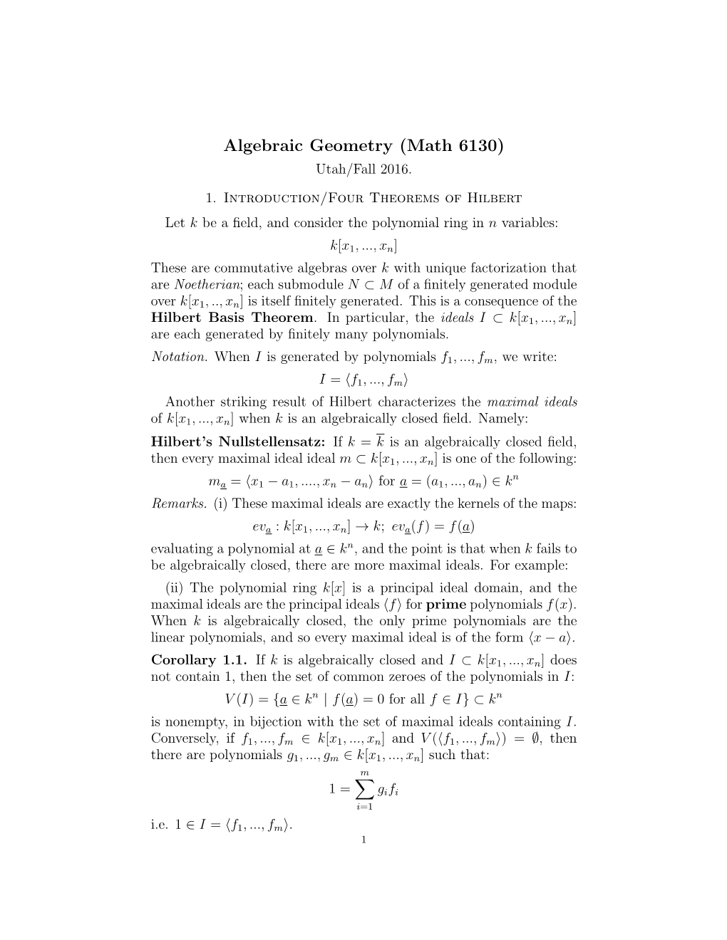 Algebraic Geometry (Math 6130) Utah/Fall 2016