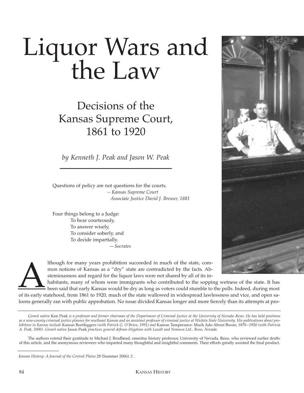 Liquor Wars and the Law Decisions of the Kansas Supreme Court, 1861 to 1920