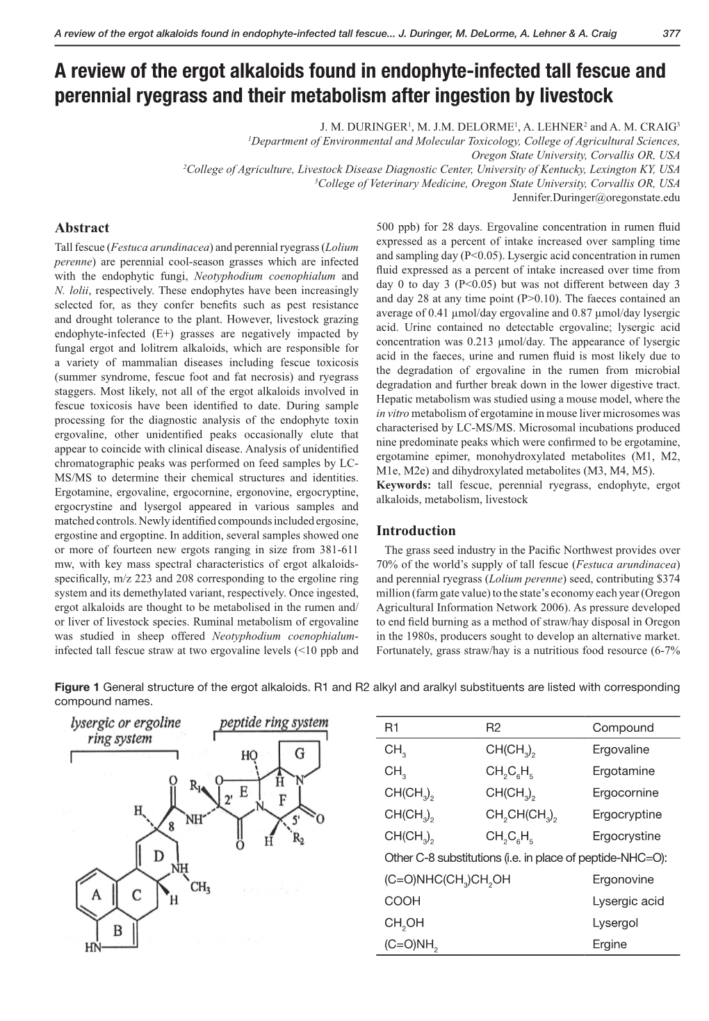 A Review of the Ergot Alkaloids Found in Endophyte Infected Tall Fescue