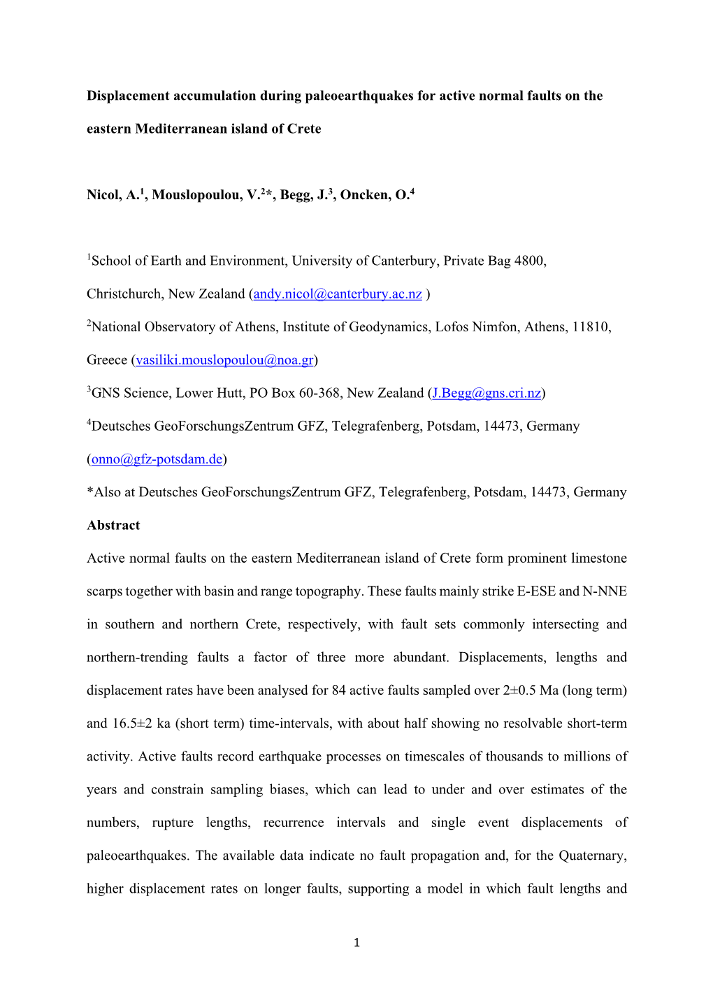 Displacement Accumulation During Paleoearthquakes for Active Normal Faults on the Eastern Mediterranean Island of Crete Nicol, A