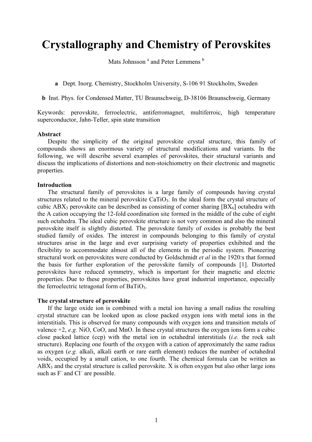 Crystallography and Chemistry of Perovskites