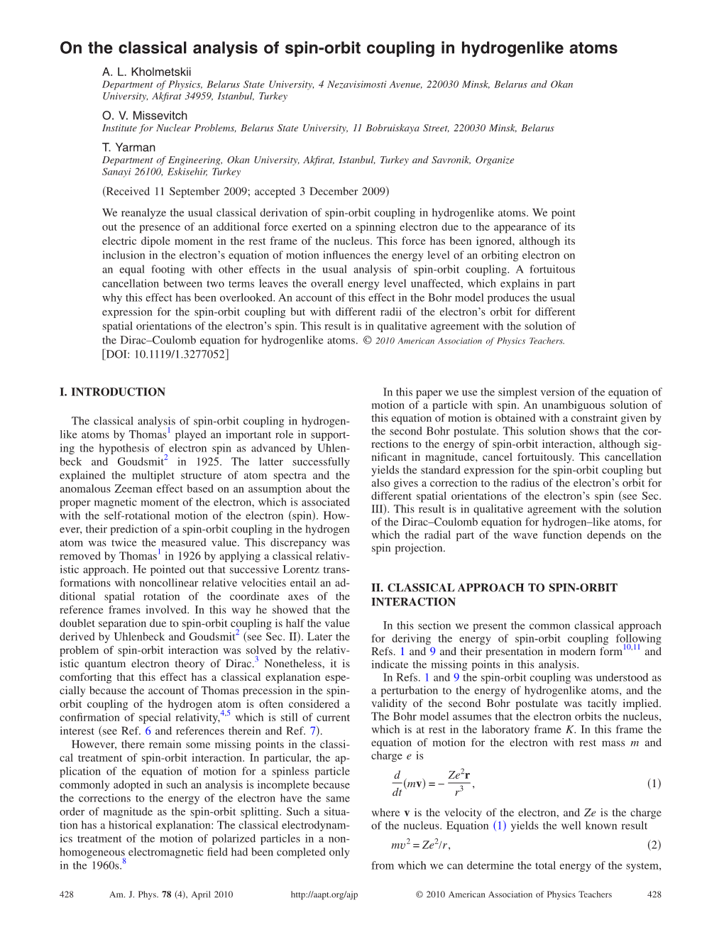 On the Classical Analysis of Spin-Orbit Coupling in Hydrogenlike Atoms A