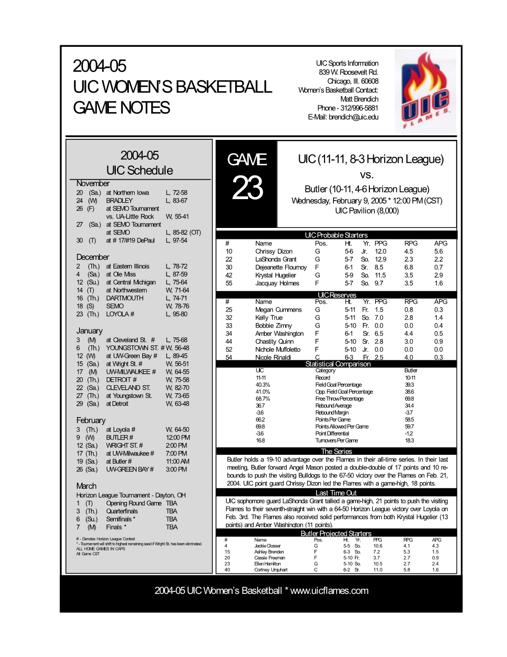 2004-05 Uic Women's Basketball Game Notes