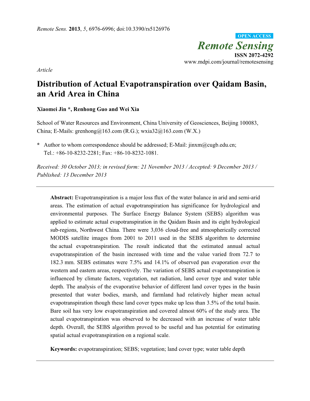 Distribution of Actual Evapotranspiration Over Qaidam Basin, an Arid Area in China