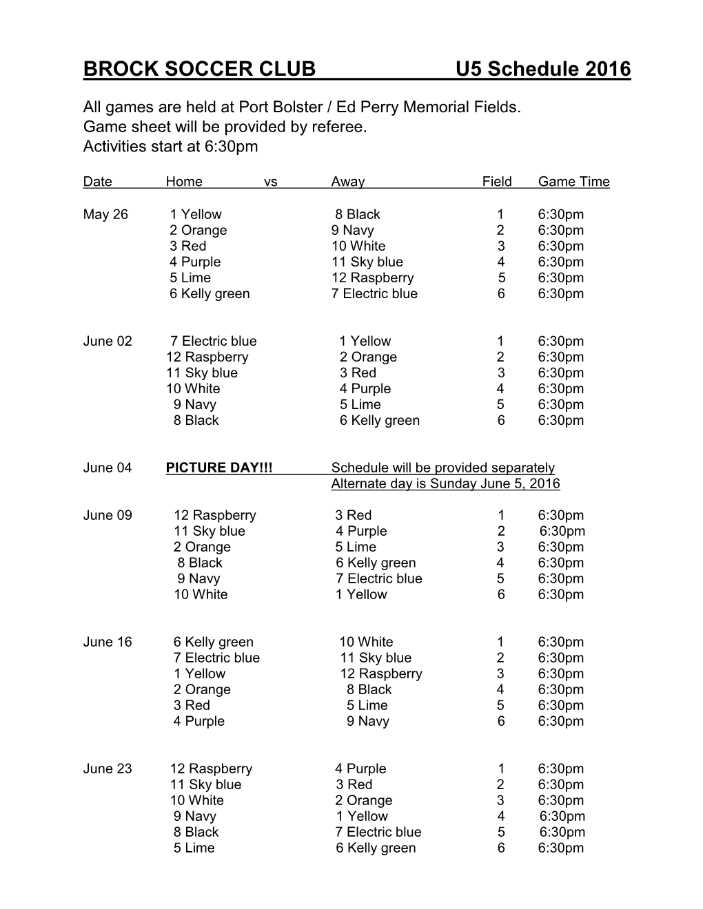 Squirt Schedule 2007