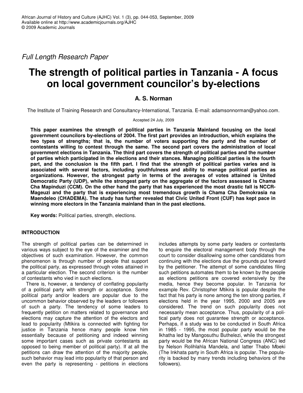 The Strength of Political Parties in Tanzania - a Focus on Local Government Councilor’S By-Elections