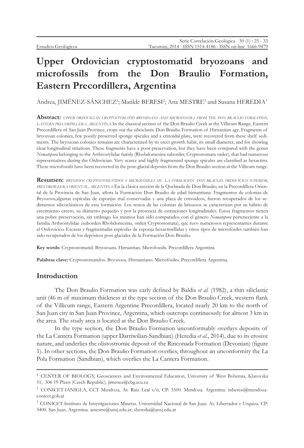 Upper Ordovician Cryptostomatid Bryozoans and Microfossils from the Don Braulio Formation, Eastern Precordillera, Argentina