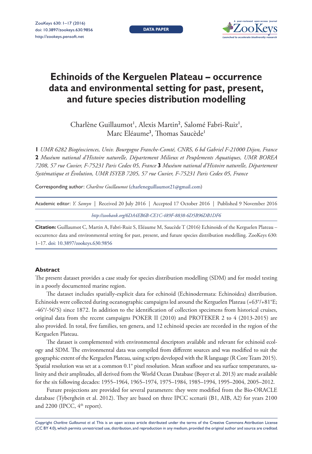 Echinoids of the Kerguelen Plateau – Occurrence Data and Environmental Setting for Past, Present, and Future Species Distribution Modelling