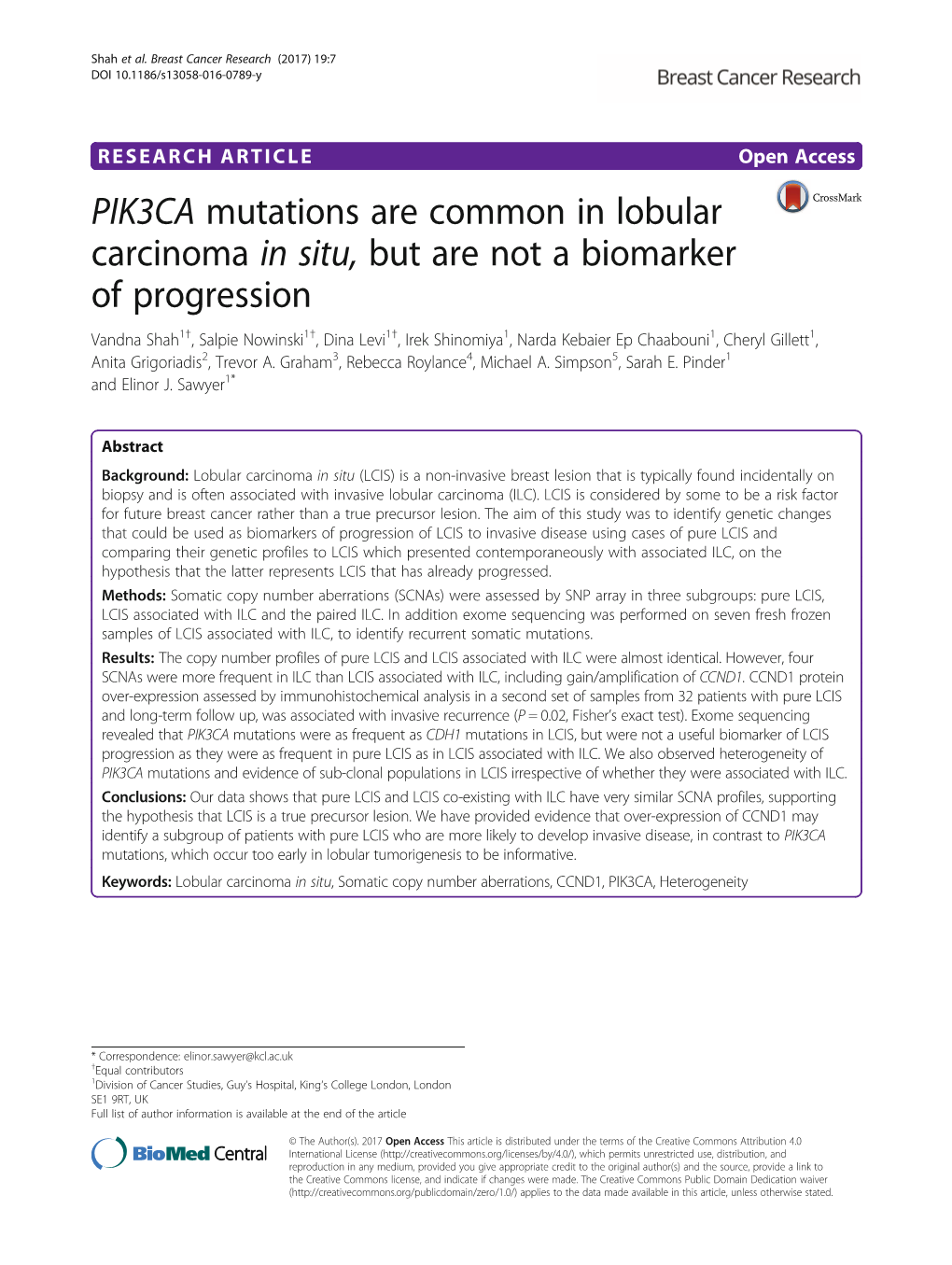 PIK3CA Mutations Are Common in Lobular Carcinoma in Situ, but Are