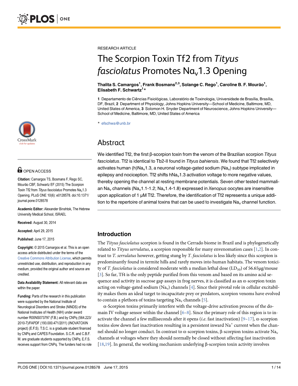 The Scorpion Toxin Tf2 from Tityus Fasciolatus Promotes Nav1.3 Opening