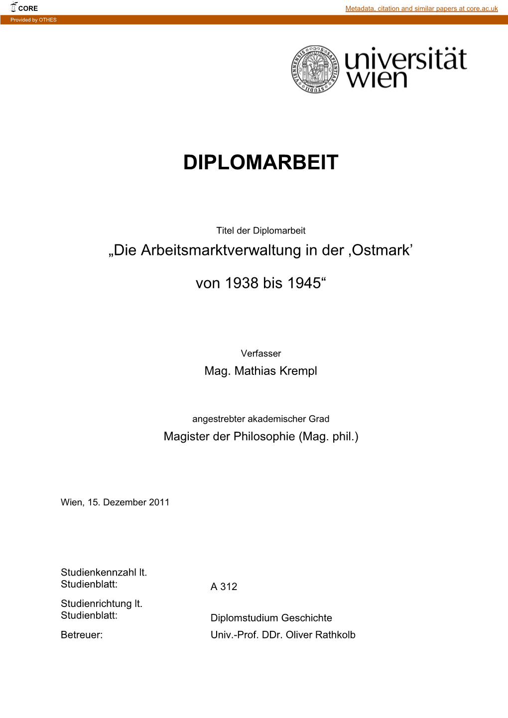 Arbeitsmarktverwaltung in Der „Ostmark“ Von 1938 Bis 1945