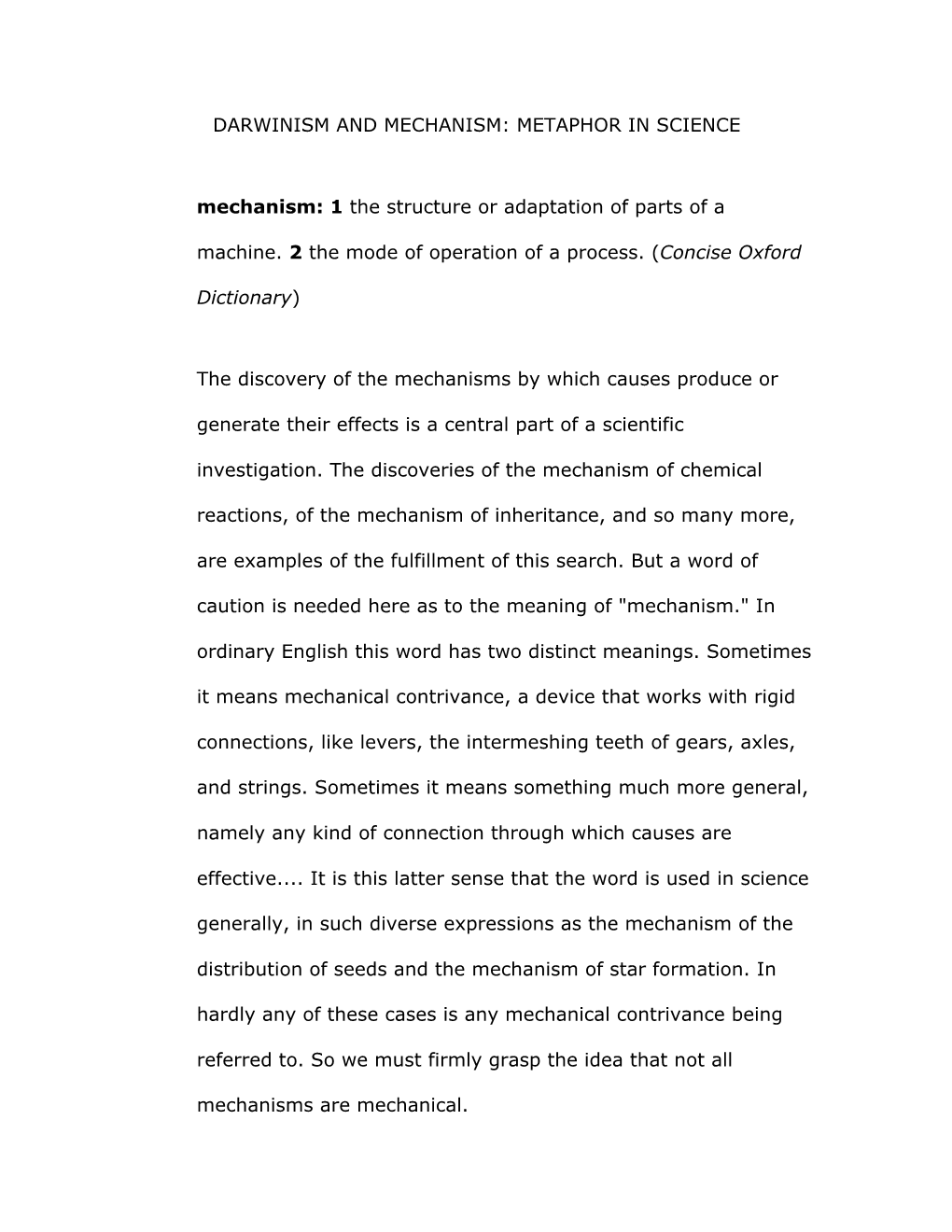 Darwinism and Mechanism: Metaphor in Science