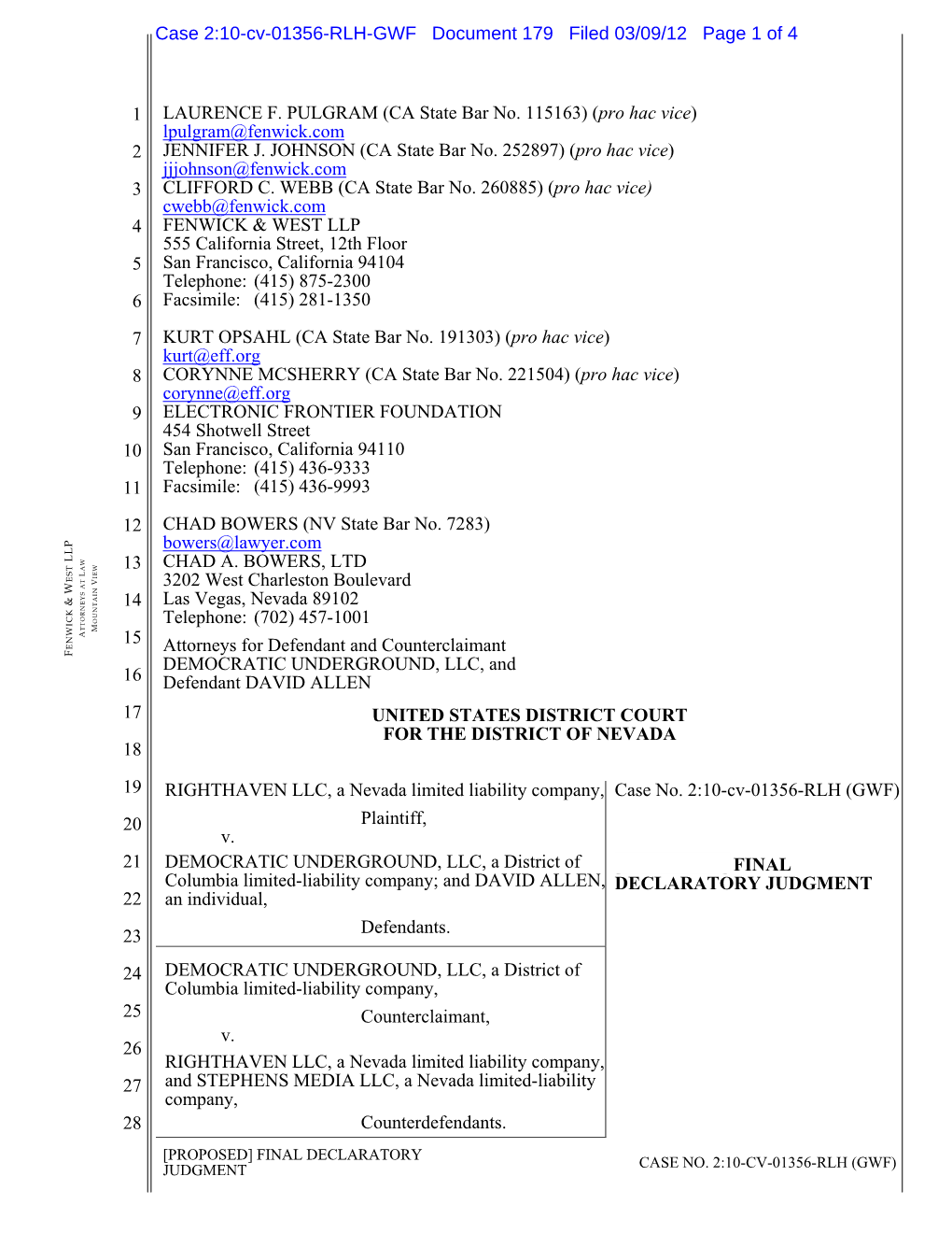 DECLARATORY JUDGMENT 22 an Individual, 23 Defendants