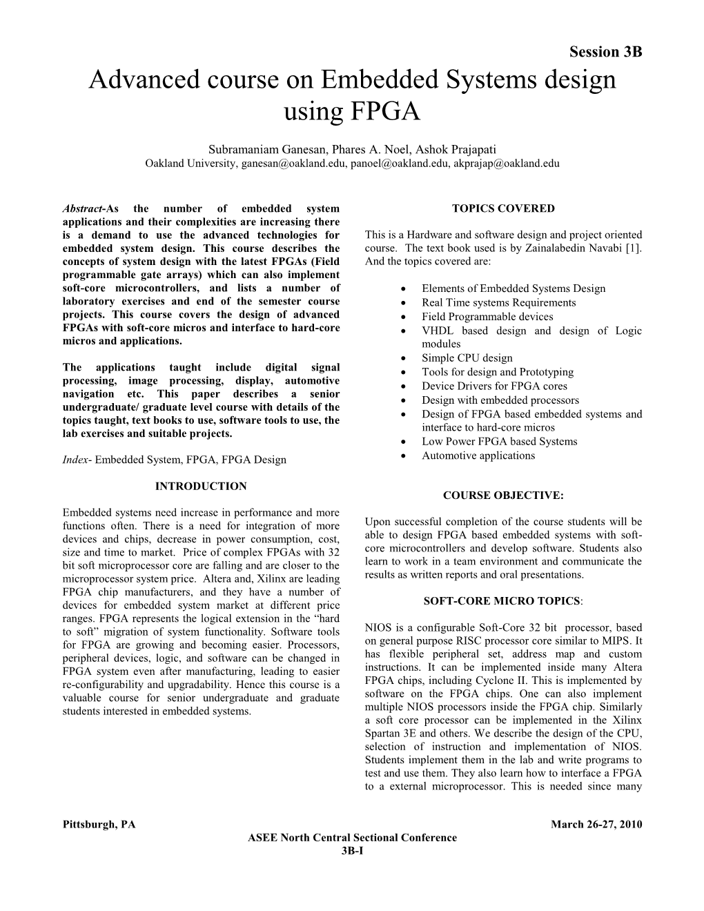 Advanced Course on Embedded Systems Design Using FPGA