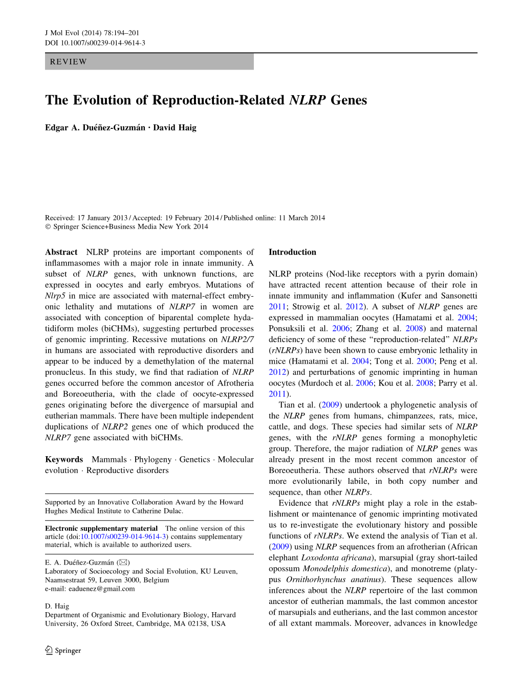 The Evolution of Reproduction-Related NLRP Genes