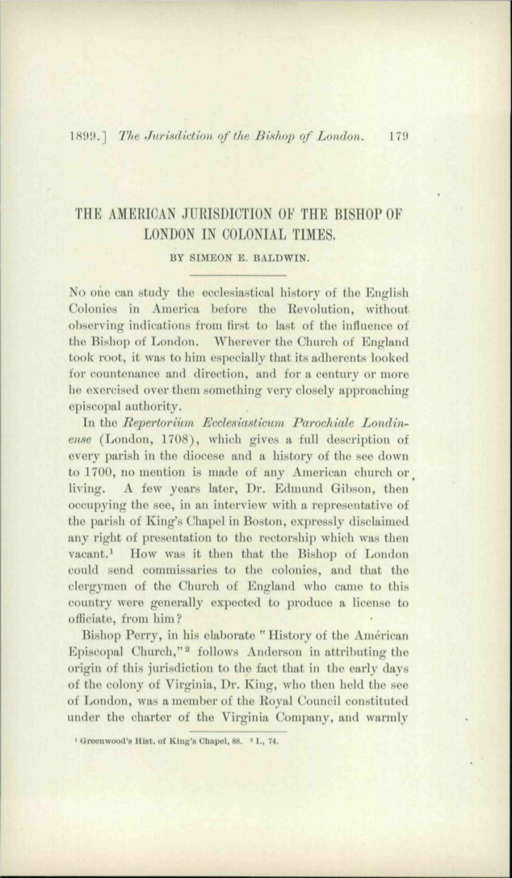 Thk American Jurisdiction Ok the Bishop of London in Colonial Times