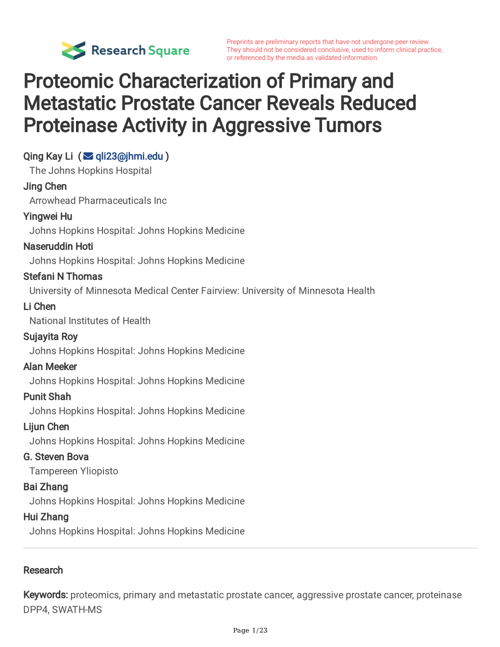 Proteomic Characterization of Primary and Metastatic Prostate Cancer Reveals Reduced Proteinase Activity in Aggressive Tumors