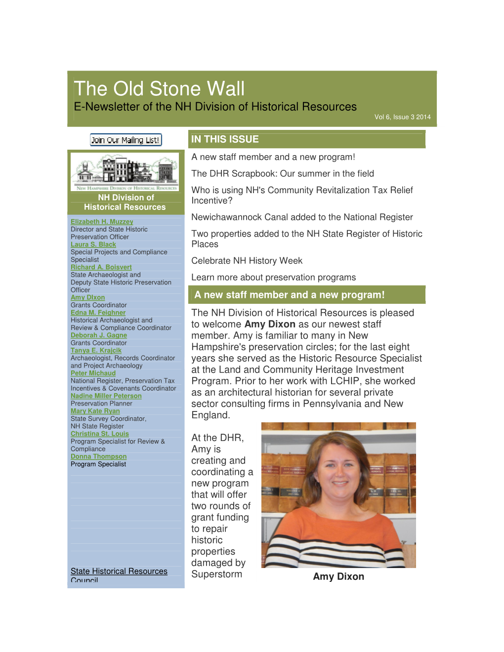 The Old Stone Wall E-Newsletter of the NH Division of Historical Resources Vol 6, Issue 3 2014