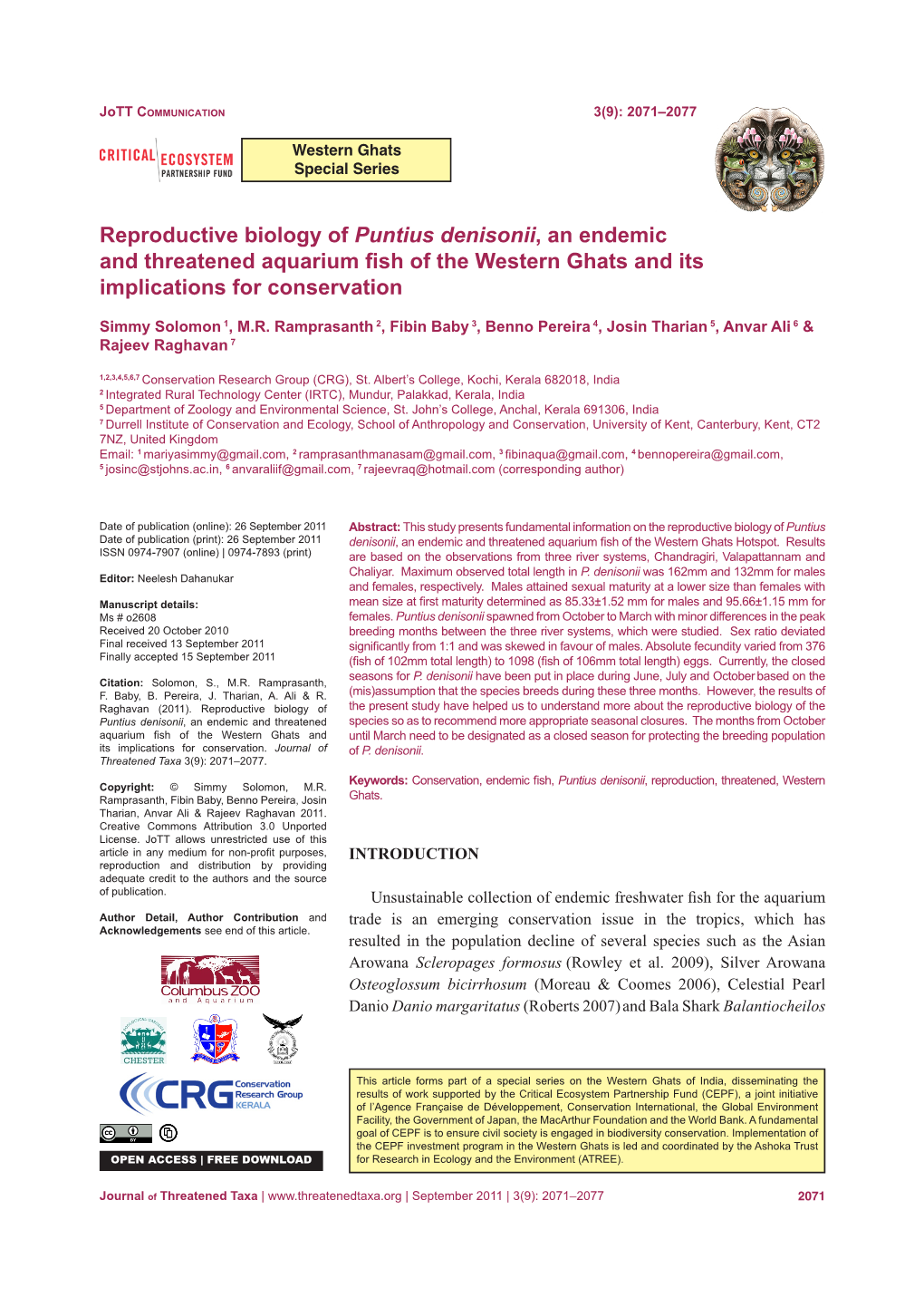 Reproductive Biology of Puntius Denisonii, an Endemic and Threatened Aquarium Fish of the Western Ghats and Its Implications for Conservation