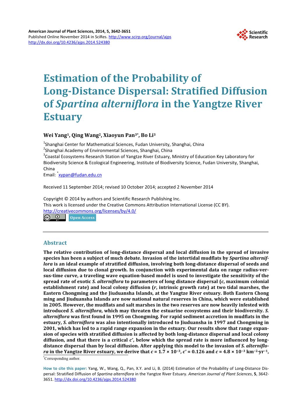 Stratified Diffusion of Spartina Alterniflora in the Yangtze River Estuary