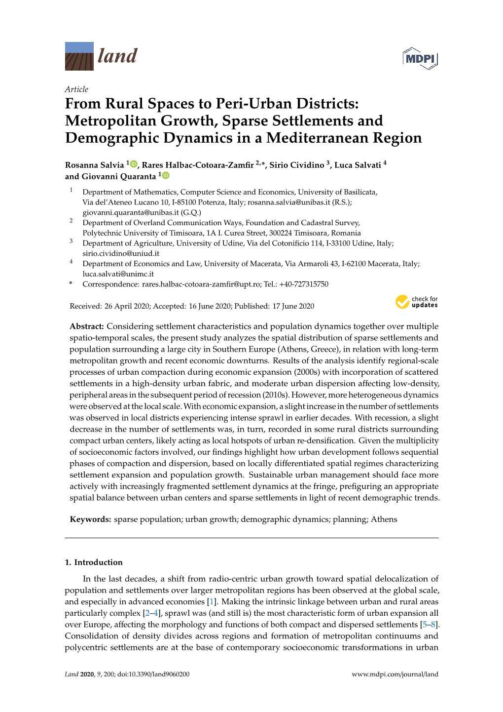 From Rural Spaces to Peri-Urban Districts: Metropolitan Growth, Sparse Settlements and Demographic Dynamics in a Mediterranean Region