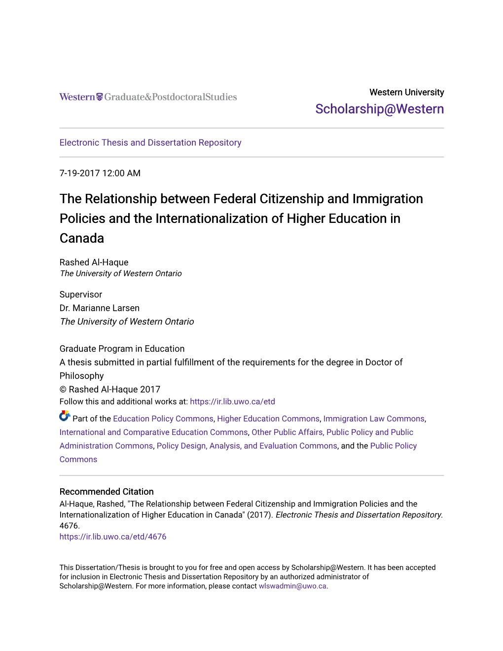 The Relationship Between Federal Citizenship and Immigration Policies and the Internationalization of Higher Education in Canada