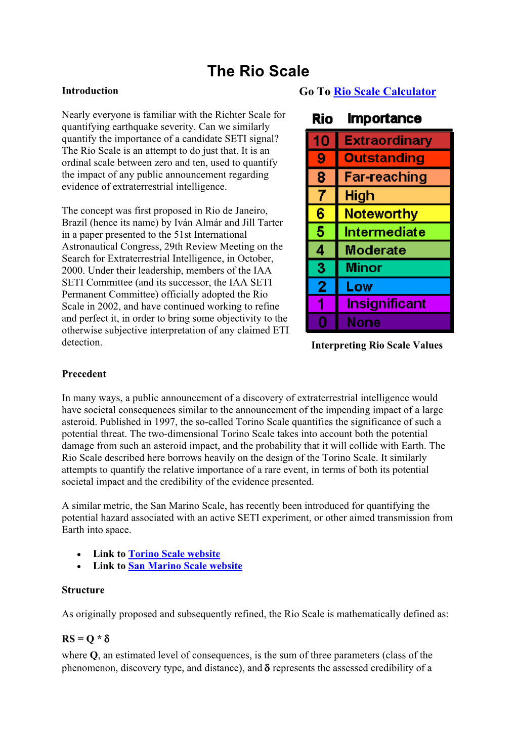 The Rio Scale Introduction Go to Rio Scale Calculator