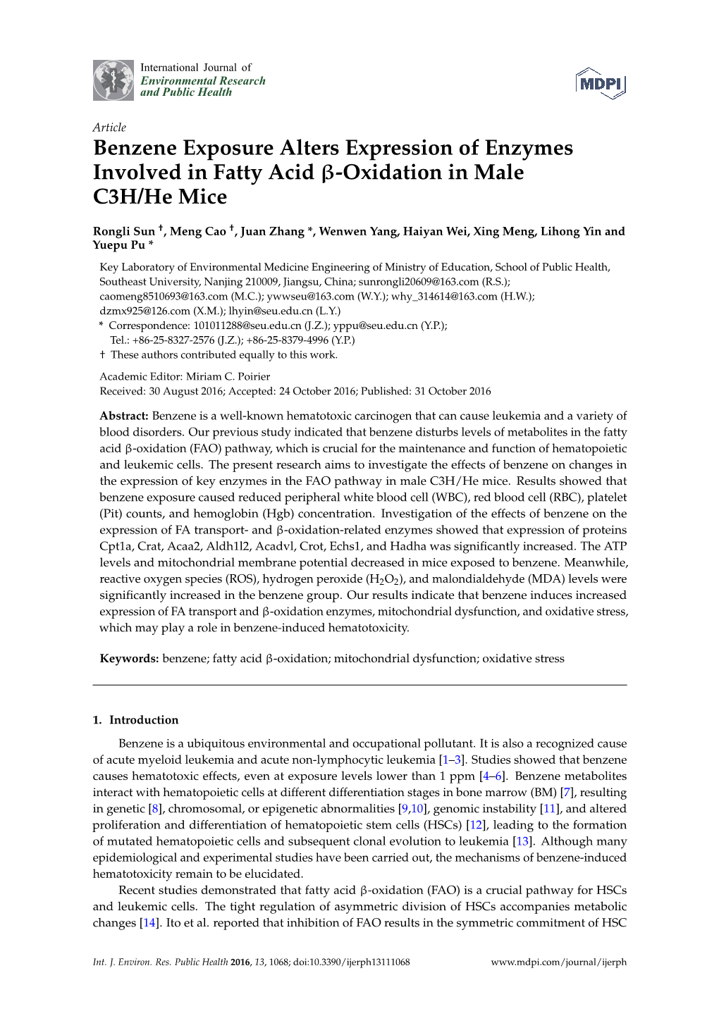 Benzene Exposure Alters Expression of Enzymes Involved in Fatty Acid Β-Oxidation in Male C3H/He Mice