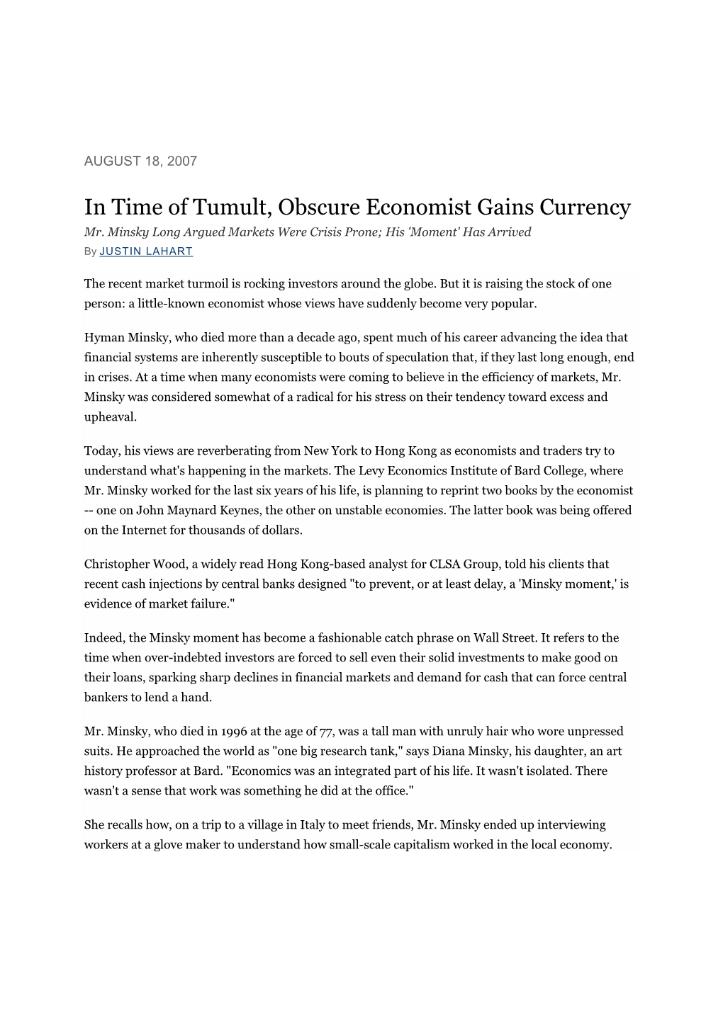 In Time of Tumult, Obscure Economist Gains Currency Mr