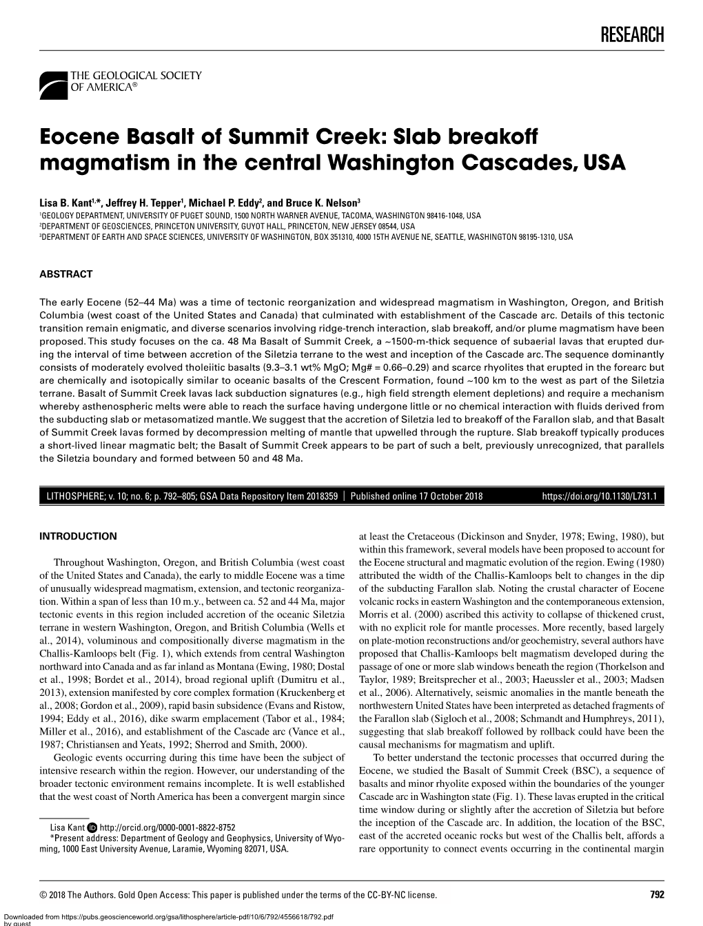 RESEARCH Eocene Basalt of Summit Creek: Slab Breakoff Magmatism in the Central Washington Cascades