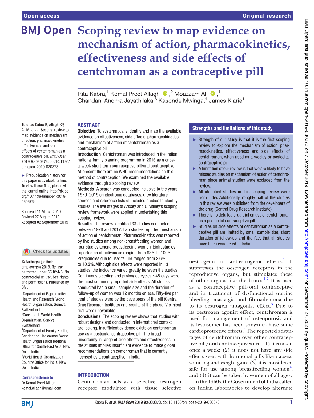 Scoping Review to Map Evidence on Mechanism of Action, Pharmacokinetics, Effectiveness and Side Effects of Centchroman As a Contraceptive Pill