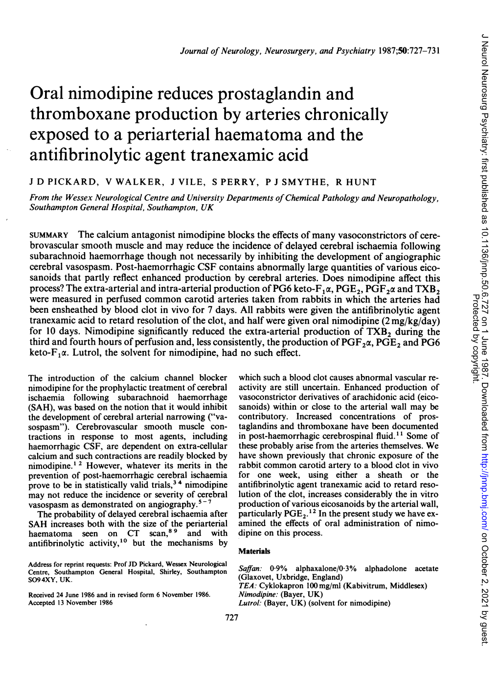 Oral Nimodipine Reduces Prostaglandin and Antifibrinolytic